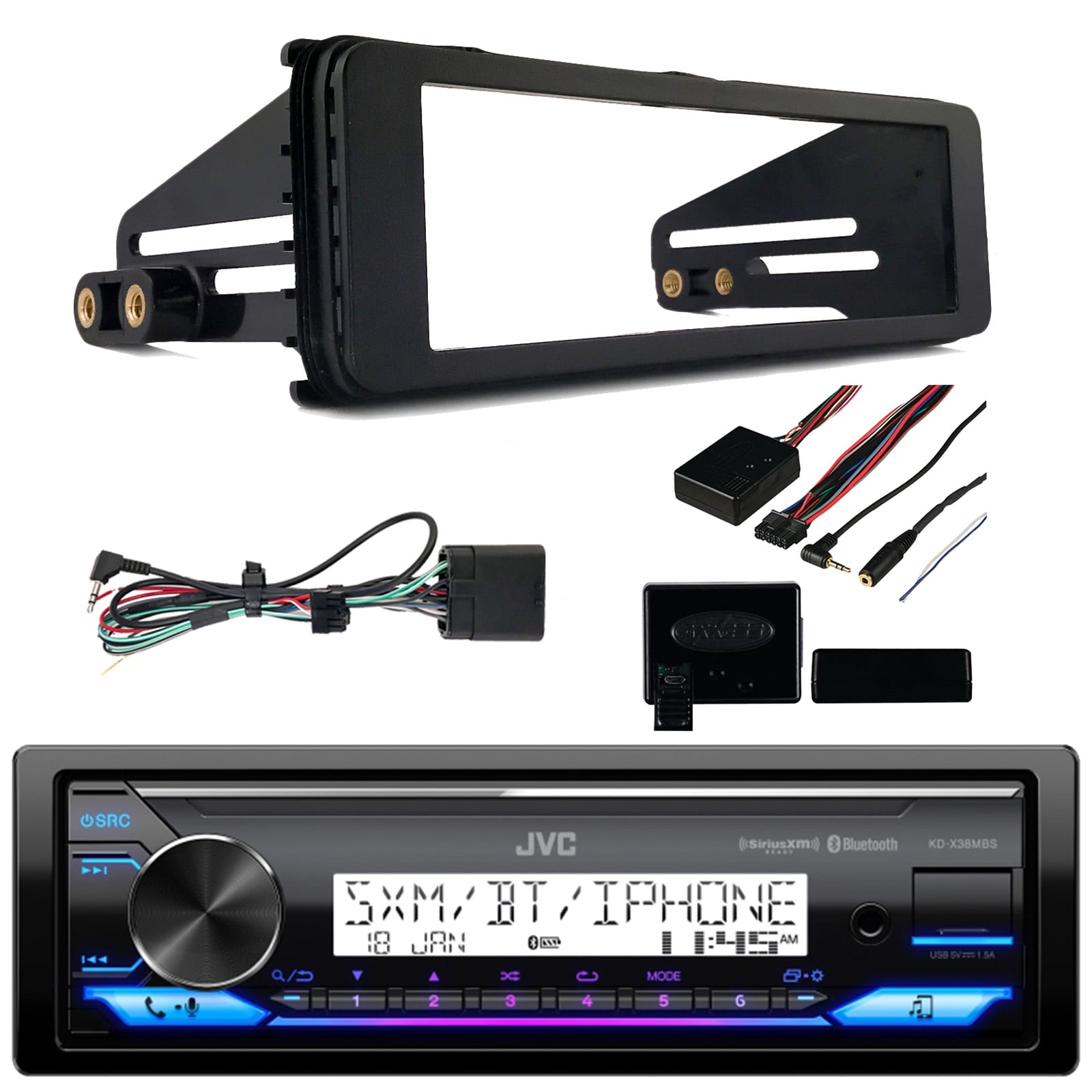 JVC KD-X38MBS Single DIN Marine MotorSports Bluetooth USB AUX LED AM/FM Radio Stereo SiriusXM Ready Amazon Alexa Receiver,98-2013 Harley Install Adapter/Install Dash Kit, Handlebar Control Interface