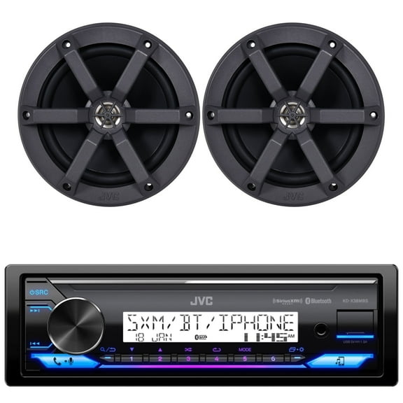 JVC KD-X38MBS Single DIN Marine MotorSports Bluetooth USB AUX LED Illumination AM/FM Radio Stereo Receiver with 2x JVC CSMS620 6.5" 2-Way 100 Watts Peak Power Marine Speakers