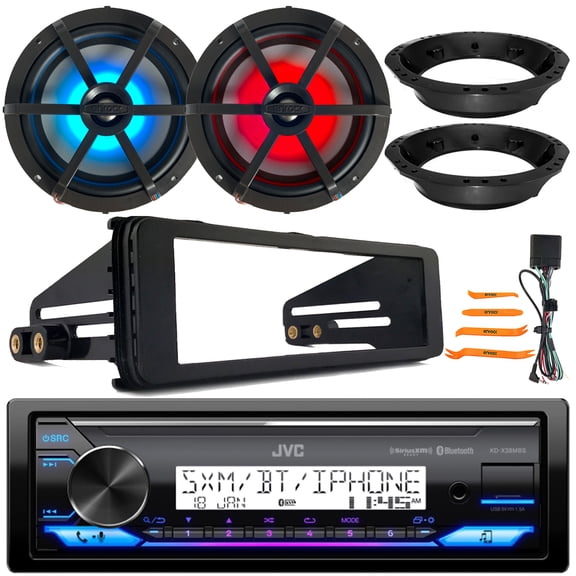 JVC KD-X38MBS Single DIN Marine MotorSports Bluetooth USB/AUX LED Illumination AM/FM SiriusXM Ready Stereo Receiver W/Install Kit, 2x 6.5" 120W Max RGB LED Speakers W/Grilles + Adapters, Pry Tool Set