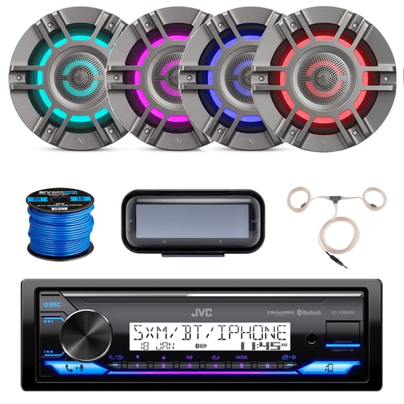 JVC KD-X38MBS Single DIN Marine MotorSports Bluetooth USB AUX LED Radio Stereo Receiver W/Black Cover, 4x 6.5" 300 Watt Peak 2-Way Coaxial RGB LED Lighting Titanium Speakers, Speaker Wire, Antenna
