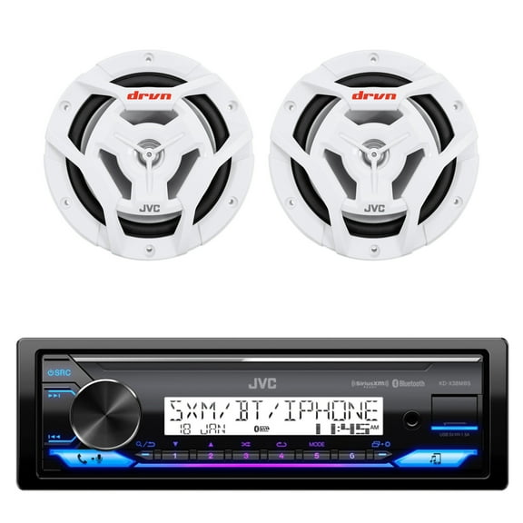 JVC KD-X38MBS Single DIN Marine MotorSports USB Bluetooth AM/FM Stereo Receiver with 2x 6.5" 150 Watt Peak Power 2-Way Waterproof Boat Audio Speakers (White)