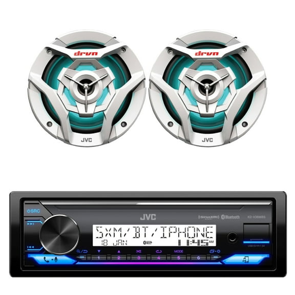 JVC KD-X38MBS Single DIN Marine MotorSports USB Bluetooth AM/FM Stereo Receiver with 2x JVC CS-DR621MWL 6.5" 260 Watt Peak Power 2-Way Multicolor LED Boat Audio Speakers (White)