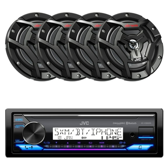 JVC KD-X38MBS Single DIN Marine MotorSports USB Bluetooth AM/FM Stereo Receiver with 4x 6.5" 150 Watt Peak Power 2-Way Waterproof Boat Audio Speakers (Black)
