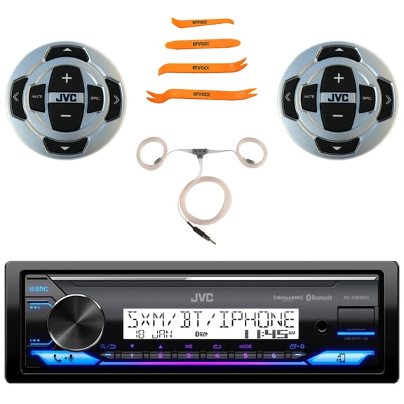 JVC KD-X38MBS Single DIN Marine Motorsports Bluetooth USB/AUX LED AM/FM Radio SiriusXM Ready Stereo Receiver W/2x Wired Remote, 22" Radio Antenna with 31" Wire Extension, 4-Piece Removal Pry Tool Set