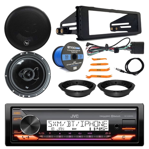 JVC KD-X38MBS Single DIN Marine Motorsports Bluetooth USB/AUX LED AM/FM SiriusXM Ready Receiver W//Install Kit, 2x 6" 330W Max 3-Way Speakers W/Adapters, Radio Antenna, Speaker Wire, Pry Tool Set