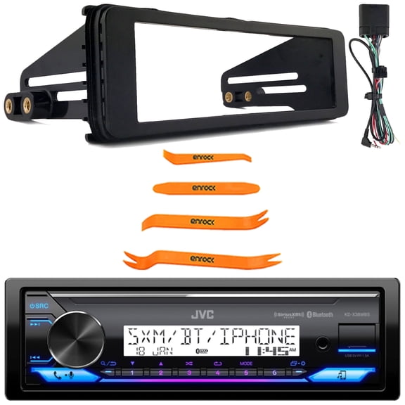 JVC KD-X38MBS Single DIN Marine Motorsports Bluetooth USB/AUX LED AM/FM Radio SiriusXM Ready Stereo Receiver, Pry Tool Set, Single-DIN Stereo Installation Kit Fits 98-2013 Harley Davidson