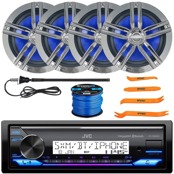 JVC KD-X38MBS Single DIN Marine Motorsports Bluetooth USB/AUX LED Illumination AM/FM SiriusXM Ready Receiver, 4x 6.5" 180W Max 2-Way Charcoal Speakers, Wire, Antenna, 4-Piece Removal Pry Tool Set