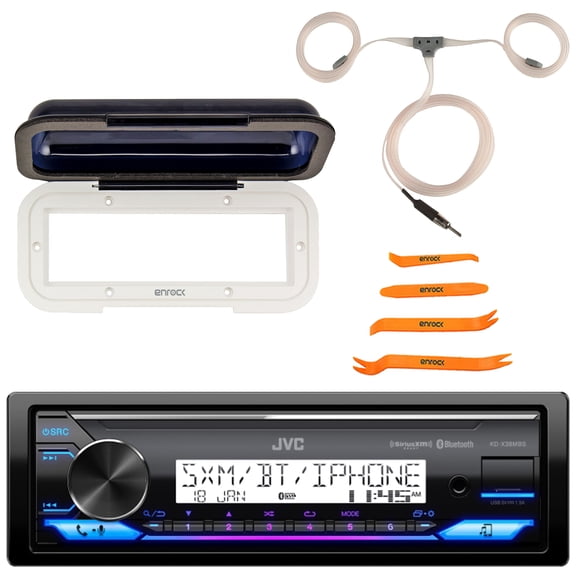 JVC KD-X38MBS Single DIN Marine Motorsports Bluetooth USB/AUX LED Illumination AM/FM SiriusXM Ready Stereo Receiver, White Radio Shield Receiver Cover, Radio Antenna, 4-Piece Removal Pry Tool Set