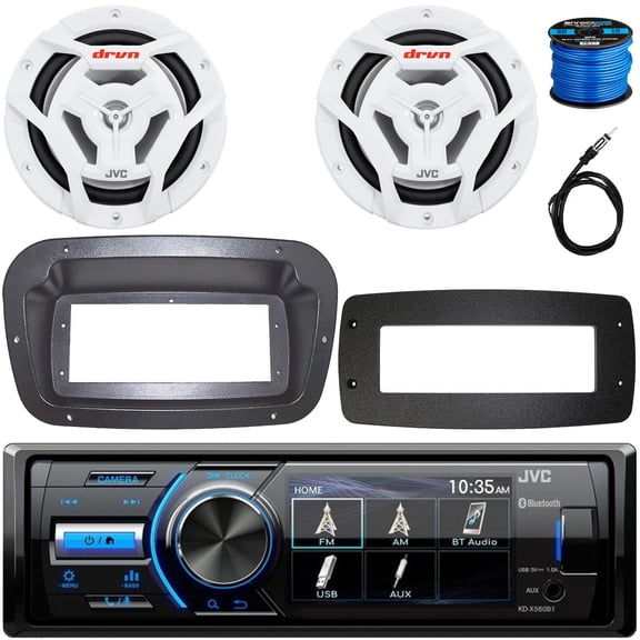 JVC KD-X560BT Single-DIN Marine Bluetooth USB/AUX MP3 AM/FM Digital Media Stereo Receiver W/Spa Bezel + Adapter Plate, 2x 6.5" 150W Max Power 2 Way Coaxial White Boat Speakers W/Wire, 22" Antenna