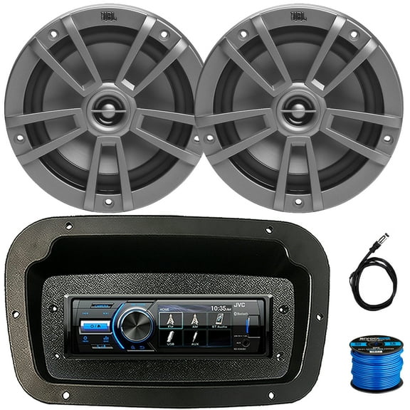JVC KD-X560BT Single-DIN Marine Bluetooth USB/AUX MP3 AM/FM Digital Media Stereo Receiver W/Spa Bezel + Adapter Plate, 2x 6.5" 180W Max Power 2-Way Multi-Element Boat Gray Speakers W/Wire, Antenna