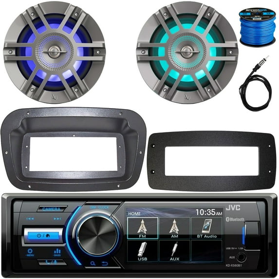 JVC KD-X560BT Single-DIN Marine Bluetooth USB/AUX MP3 AM/FM Digital Media Stereo Receiver W/Spa Bezel + Adapter Plate, 2x 6.5" 300W Max Power 2-Way Titanium Boat RGB LED Speakers W/Wire, Antenna