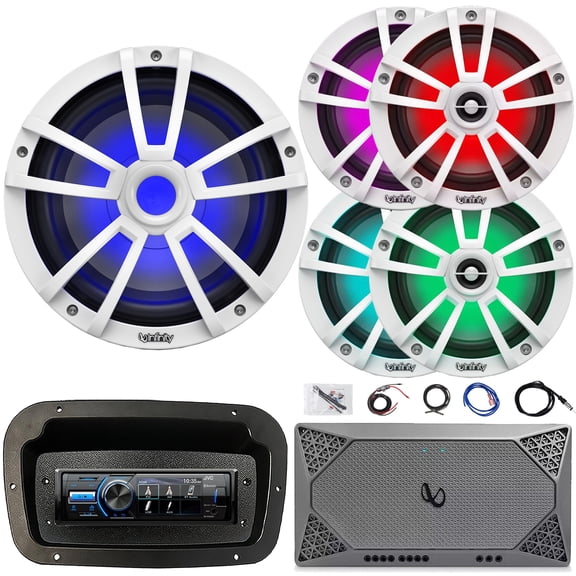 JVC KD-X560BT Single-DIN Marine Bluetooth USB/AUX MP3 AM/FM Digital Media Stereo Receiver W/Spa Bezel + Adapter Plate, 4x 6.5" 225W Max Speakers, 10" 750W Max Subwoofer, Amplifier W/Kit, Antenna