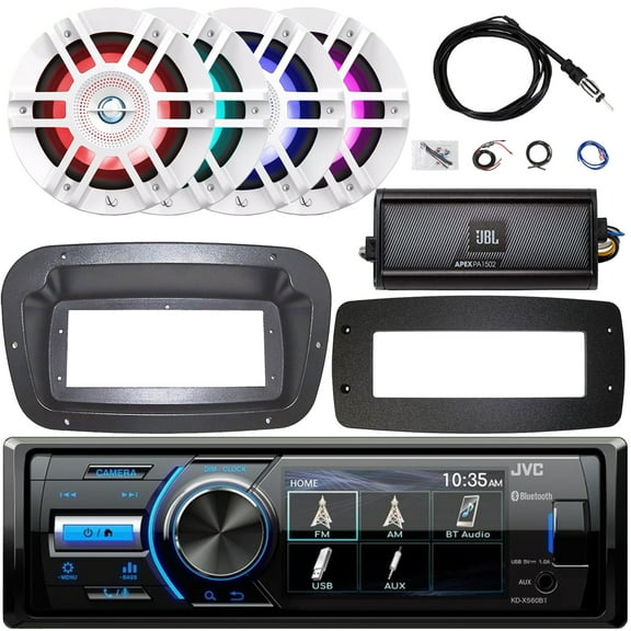 JVC KD-X560BT Single-DIN Marine Bluetooth USB/AUX MP3 AM/FM Digital Media Stereo Receiver W/Spa Bezel + Adapter Plate, 4x 6.5" 300W Max White RGB LED Speakers, 2-Channel Amplifier W/Kit, Antenna