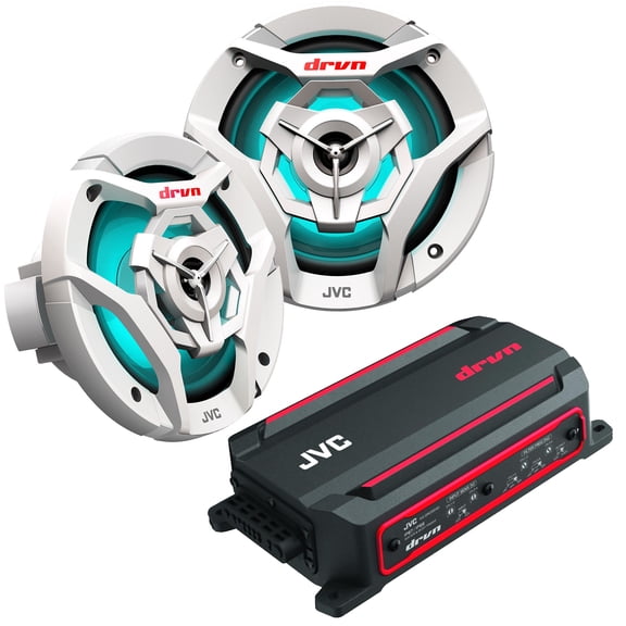 JVC KS-DR2004D 4-Channel Compact Digital Amplifier 50W RMS x 4 @ 4 ohms with 2 Pairs CS-DR621MWL 6.5" Marine Speakers w/ White Grills and LED lighting for Car, Marine, UTV and Motorcycle