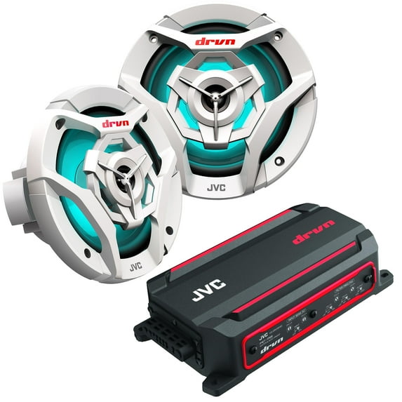 JVC KS-DR2004D 4-Channel Compact Digital Amplifier 50W RMS x 4 @ 4 ohms with 2 Pairs CS-DR621MWL 6.5" Marine Speakers w/ White Grills and LED lighting for Car, Marine, UTV and Motorcycle