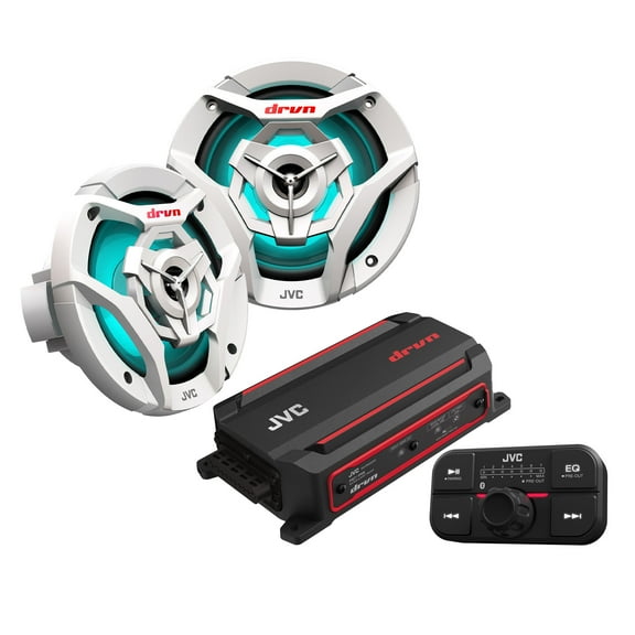 JVC KS-DR2104DBT Bluetooth 4-Channel Compact Digital Amplifier 50W RMS x 4 @ 4 ohms with 2 Pairs CS-DR621MWL 6.5" Marine Speakers w/ White Grills and LED lighting for Car, Marine, UTV and Motorcycle