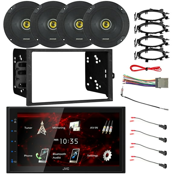 JVC KW-M180BT 6.8" Touchscreen Bluetooth USB Stereo Receiver, 4x Kicker CSC65 6.5" 300W Car Speakers w/Adapters, Radio + Speaker Harness, Antenna Adapter, Install Kit For Select 95-Up GM Vehicles