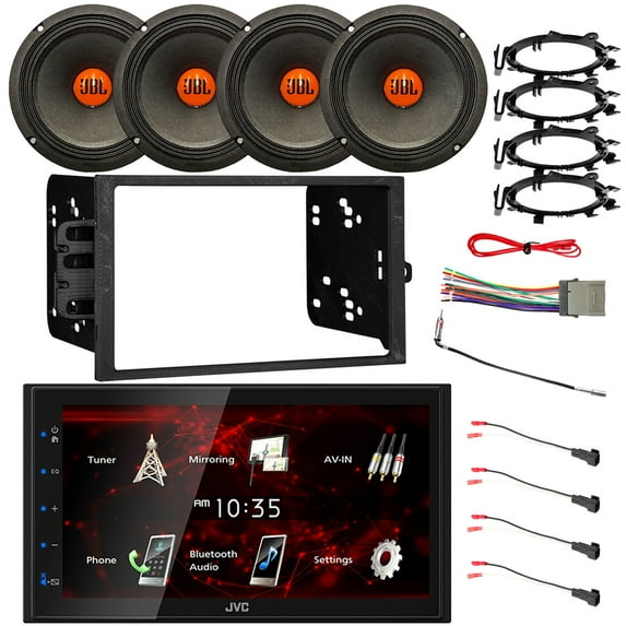 JVC KW-M180BT 6.8" Touchscreen Double DIN Bluetooth USB Stereo Receiver, 4x 6.5" 300W Car Speakers w/Adapters, Radio + Speaker Harness, Antenna Adapter, Install Kit For Select 95-Up GM Vehicles