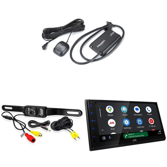 JVC KW-M595BT - 6.8" WSVGA 1DIN Short DMR, CP/AA, iData, SXM, 1Cam, 2.5V Receiver with PYLE PLCM10 License Plate Mount Rearview Camera and SXV300v1 Connect Vehicle Tuner Kit for Satellite Radio