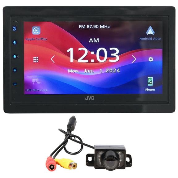 JVC KW-M595BT Bundle: 6.8 in CarPlay Android Auto Bluetooth Receiver with iDatalink, Rockville RBC1 Camera, 2-items
