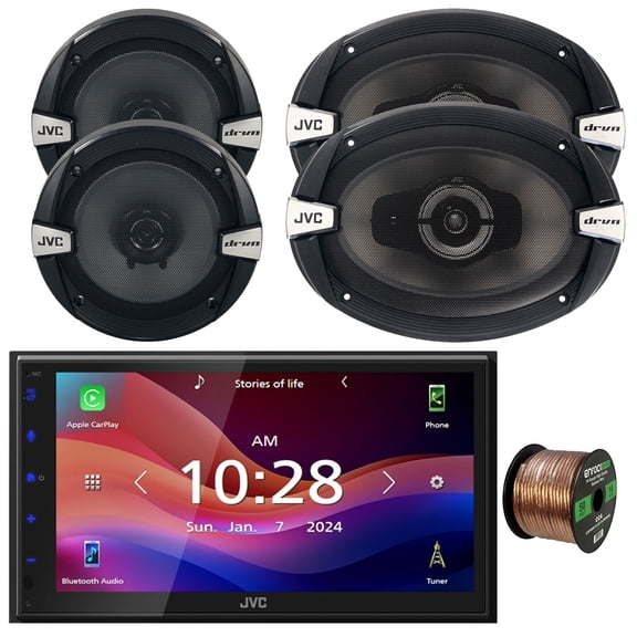 JVC KW-M690BW 6.8" Capacitive Monitor Single-DIN Bluetooth USB/MP3 Digital Media Shallow Chassis Multimedia Receiver, 2x 6.5" 300W Max Power 2-Way Speakers, 2x 6x9" 500W Max Speakers W/50 Feet Wire