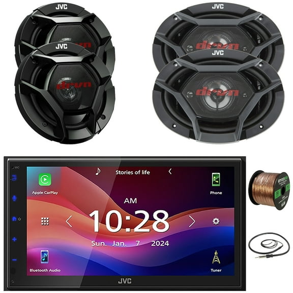 JVC KW-M690BW 6.8" Capacitive Monitor Single-DIN Bluetooth USB/MP3 Digital Media Shallow Chassis Multimedia Receiver, 2x 6.5" 300W Max Power Speakers, 2x 6x9" 550W Max 4-Way Speakers W/Wire, Antenna