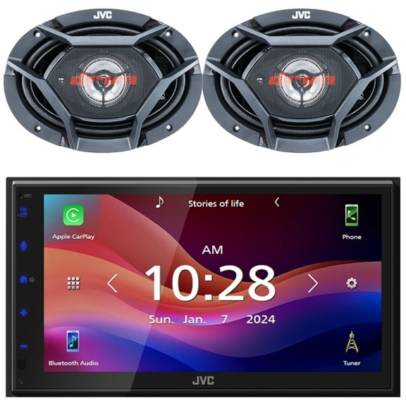 JVC KW-M690BW 6.8" Capacitive Monitor Single-DIN Bluetooth USB/MP3 Digital Media Shallow Chassis Multimedia Receiver, 2x JVC CS-DR6931 DRVN Series 6x9" 500W Max Power 3-Way Coaxial Car Audio Speakers