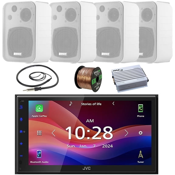 JVC KW-M690BW 6.8" Capacitive Monitor Single-DIN Bluetooth USB/MP3 Digital Media Shallow Chassis Multimedia Receiver, 4x 4" 30W Max Power In Door/Out Door Speakers W/Wire, 4 Channel Amplifier, Antenna