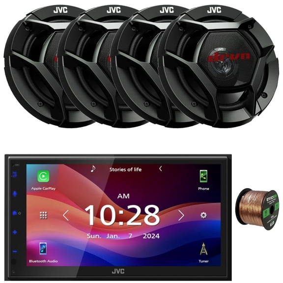JVC KW-M690BW 6.8" Capacitive Monitor Single-DIN Bluetooth USB/MP3 Digital Media Shallow Chassis Multimedia Receiver, 4x 6.5" 300 Watts Max Power 2-Way Coaxial Car Audio Speakers W/50 Feet 16G Wire