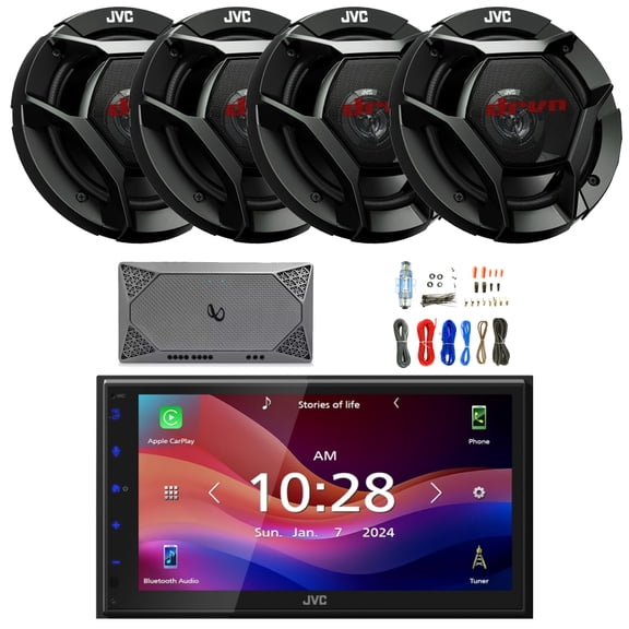 JVC KW-M690BW 6.8" Capacitive Monitor Single-DIN Bluetooth USB/MP3 Digital Media Shallow Chassis Multimedia Receiver, 4x 6.5" 300W Max Power 2-Way Car Audio Speakers, 4 Channel Compact Amplifier W/Kit