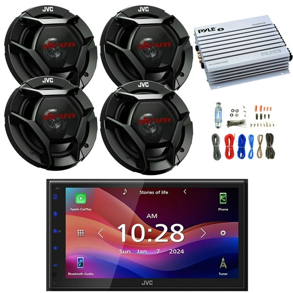 JVC KW-M690BW 6.8" Capacitive Monitor Single-DIN Bluetooth USB/MP3 Digital Media Shallow Chassis Multimedia Receiver, 4x 6.5" 300W Max Power 2-Way Car Audio Speakers, 4 Channel 400W Amplifier W/Kit