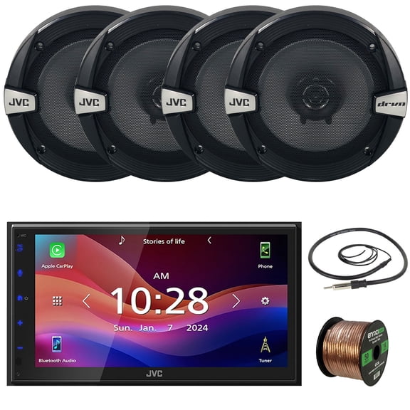 JVC KW-M690BW 6.8" Capacitive Monitor Single-DIN Bluetooth USB/MP3 Digital Media Shallow Chassis Multimedia Receiver, 4x 6.5" 300W Max Power 2-Way Coaxial Car Audio Speakers W/50 Feet Wire, Antenna