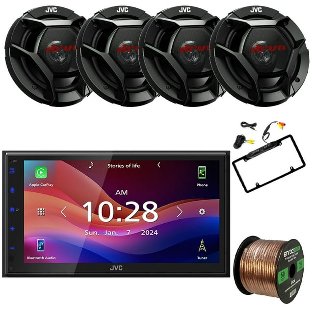 JVC KW-M690BW 6.8" Capacitive Monitor Single-DIN Bluetooth USB/MP3 Digital Media Shallow Chassis Multimedia Receiver, 4x 6.5" 300W Max Power 2-Way Speakers W/50 Feet Wire, Backup Rearview Camera