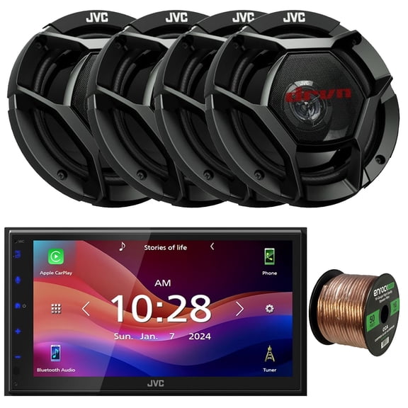 JVC KW-M690BW 6.8" Capacitive Monitor Single-DIN Bluetooth USB/MP3 Digital Media Shallow Chassis Multimedia Receiver, 4x 6.75" 300W Max Power 2-Way Shallow-Mount Coaxial Speakers W/50 Feet 16G Wire