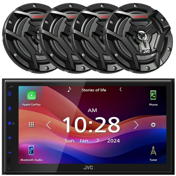 JVC KW-M690BW 6.8" Capacitive Monitor Single-DIN Bluetooth USB/MP3 Digital Media Shallow Chassis Multimedia Receiver, 4x JVC CS-DR6200M 6.5" 150 Watts Max Power 2-Way Waterproof Coaxial Speakers