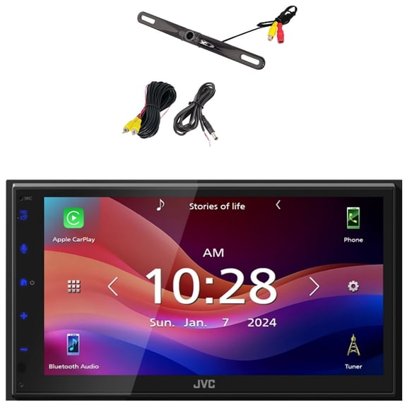JVC KW-M690BW 6.8" Capacitive Monitor Single-DIN Bluetooth USB/MP3 Digital Media Shallow Chassis Multimedia Receiver, License Plate Mount Rear View Backup Color Camera W/Distance Scale Line
