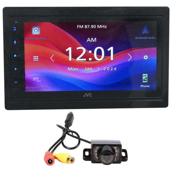 JVC KW-M690BW Bundle: 6.8 Inch Wireless Apple CarPlay Android Auto Bluetooth Receiver, Rockville RBC1 Rear View Backup Camera, 2-items