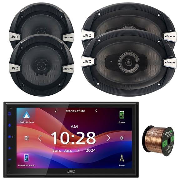 JVC KW-M695BW 6.8" WSVGA LCD Display Single-DIN Bluetooth USB/MP3 Digital Media Shallow Chassis Multimedia SiriusXM Ready Receiver, 2x 6.5" 300W Max Power Speakers, 2x 6x9" 500W Max Speakers W/Wire