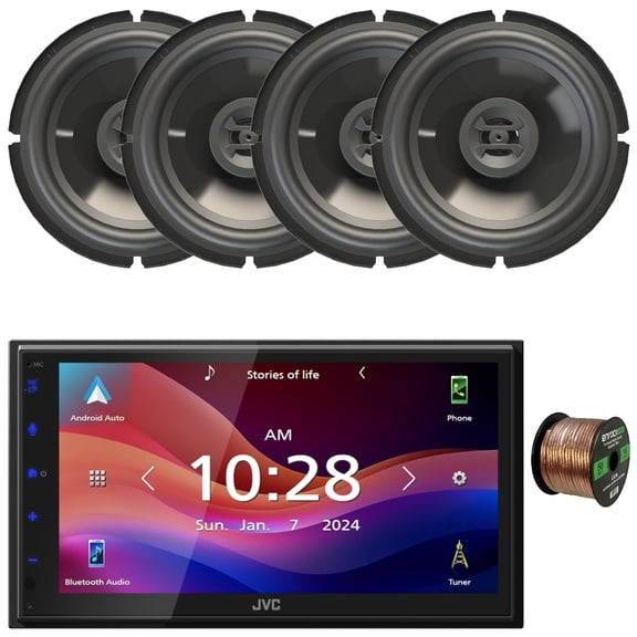 JVC KW-M695BW 6.8" WSVGA LCD Display Single-DIN Bluetooth USB/MP3 Digital Media Shallow Chassis Multimedia SiriusXM Ready Receiver, 4x 6.5" 300W Max Power 3-Way Shallow Mount Car Audio Speakers W/Wire