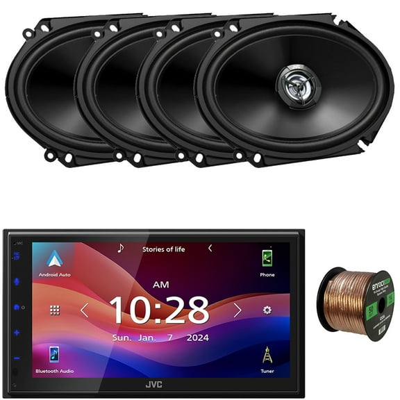 JVC KW-M695BW 6.8" WSVGA LCD Display Single-DIN Bluetooth USB/MP3 Digital Media Shallow Chassis Multimedia SiriusXM Ready Receiver, 4x 6x8" 300W Max Power 2-Way Coaxial Car Audio Speakers W/Wire