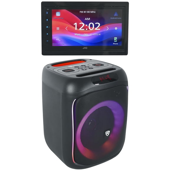 JVC KW-M695BW Bundle: 6.8 Inch Wireless Apple CarPlay Android Auto Multimedia Receiver, Rockville ROCKBOX PRO V2 Bluetooth LED Party Speaker, 2-items