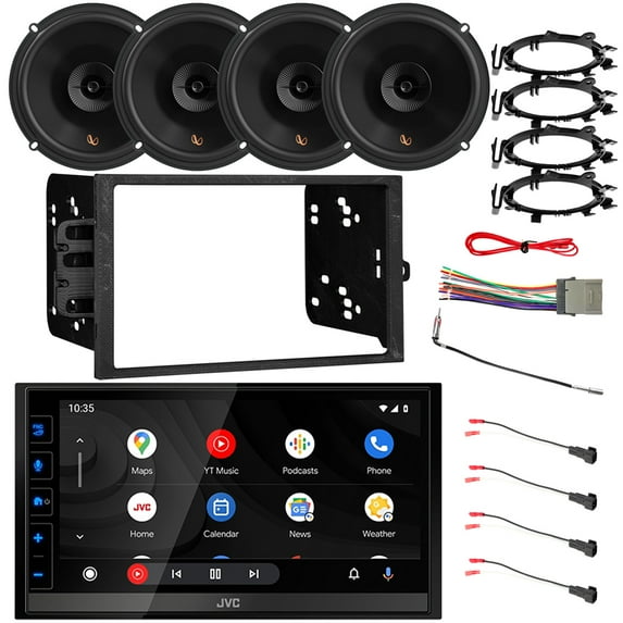 JVC KW-M785BW 6.8" Touchscreen Double DIN HDMI/WiFi Bluetooth USB Stereo Receiver, 4x 6.5" 150W Speakers w/Adapters, Radio + Speaker Harness, Antenna Adapter, Install Kit For Select 95-Up GM Vehicles