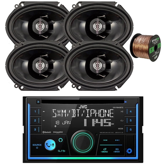 JVC KW-R940BTS Double DIN Bluetooth USB AUX AM/FM Stereo CD Player Receiver Bundle Combo with 4x 6"x8" 250 Watts Max Power 2-Way Coaxial Black Car Audio Speakers and 16G Speaker Wire