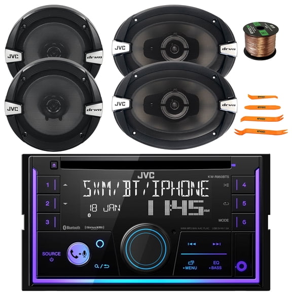 JVC KW-R950BTS Double-DIN Bluetooth USB/AUX CD Player AM/FM Amazon Alexa Enabled Car Stereo Receiver, 2x 6.5" 300W Max 2-Way Speakers, 2x 6x9" 500W Max 3-Way Speakers, Speaker Wire, Pry Tool Set
