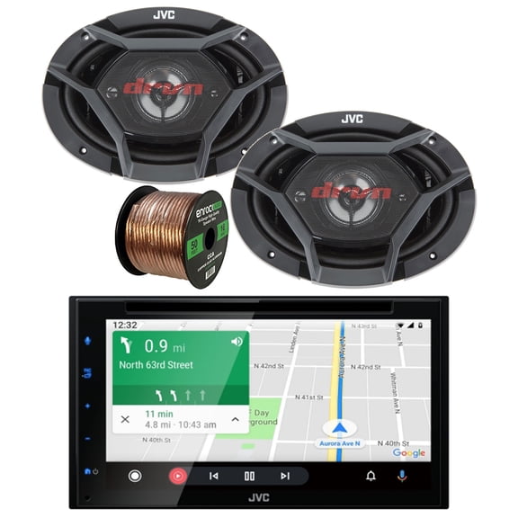 JVC KW-V660BT Double DIN AM/FM Stereo Bluetooth USB DVD Player Multimedia Receiver Bundle Combo with 2x 6x9" 4-Way 550 Watt Peak Power Factory Upgrade Coaxial Car Audio Speakers and 16G Speaker Wire