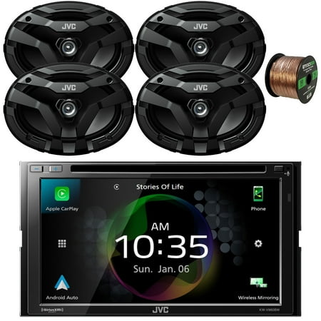 JVC KW-V960BW Double DIN AM/FM Radio Dual USB Bluetooth CD/DVD Player Car Receiver Bundle Combo with 4x 6x9" 2-Way Coaxial 400W Peak Power Car Audio Speakers, 16 Gauge 50 Feet Speaker Wire