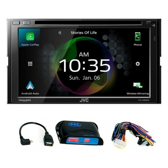 JVC KW-V960BW Works with Wireless CarPlay, Wireless Android Auto, CD/DVD AV Receiver, High-Res Audio, 4-Camera Input with PAC SWI-CP5 Steering Wheel Interface