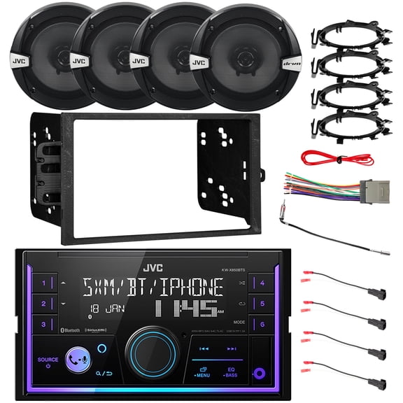 JVC KW-X850BTS Double DIN USB/AUX Bluetooth AM/FM Stereo Receiver, 4x JVC DR162 6.5" 300W Speakers w/Adapters, Radio + Speaker Harness, Antenna Adapter, Install Kit For Select 95-Up GM Vehicles