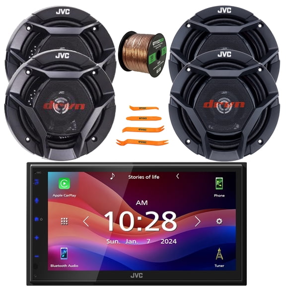 JVC KWM590BT Double DIN 6.8" Capacitive Touchscreen Bluetooth USB AM/FM Digital Media Receiver, 2x 6.5" 300W Max 2-Way Speakers, 2x 6.75" 300W Max Shallow-Mount Speakers, Speaker Wire, Pry Tool Set