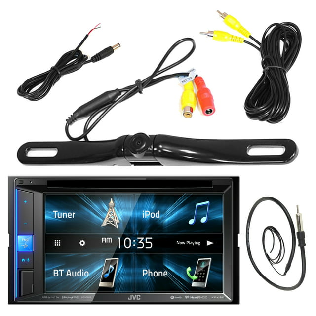 JVC KWV140BT 6.2" Inch Touch Screen Car CD DVD USB Bluetooth Stereo Receiver Bundle Combo With License Plate Mount Rear View Colored Backup Parking Camera, Enrock 22" AM/FM Radio Antenna
